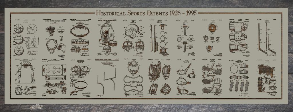 An image showing multiple sports and their historical patents in a frame.