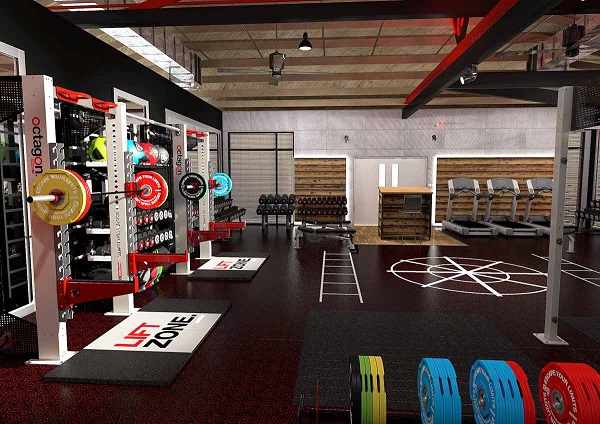 A colorful interior of a gym with weight-lifting and exercise equipment